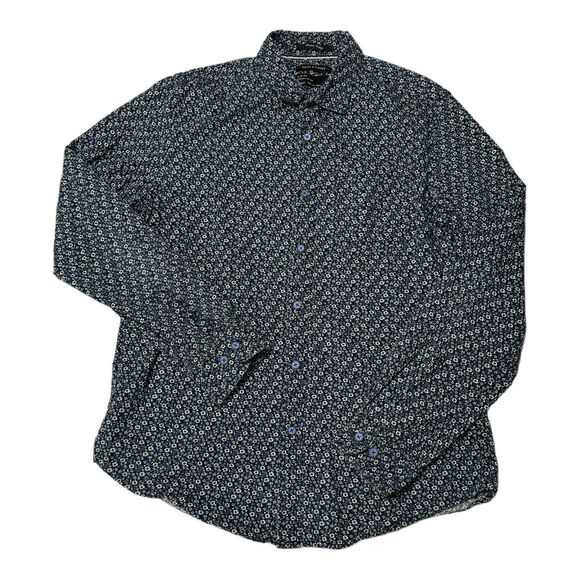 Denim & Flower Button Down Shirt Men's M‎ Short Sleeve Blue Floral Slim Fit - Picture 1 of 16